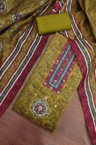 multi unstitched digital print handwork with digital printed dupatta silk blend dress material
