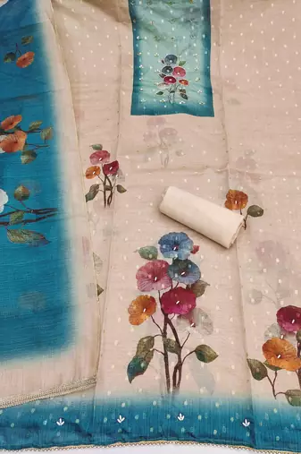 multi unstitched print handwork with digital printed dupatta modal butti dress material