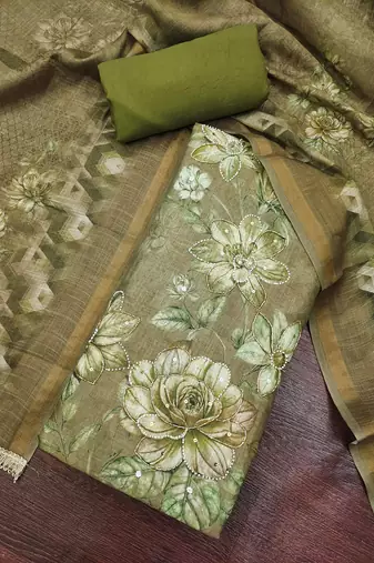 multi unstitched shimmer print handwork with printed dupatta linen dress material