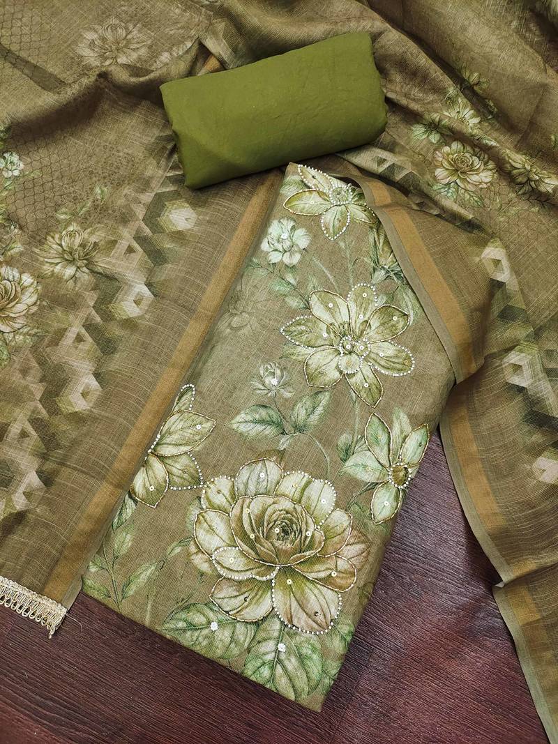 multi unstitched shimmer print handwork with printed dupatta linen dress material
