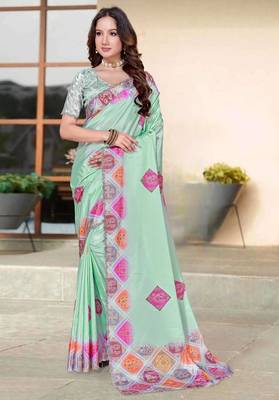 Sea green color silk blend bandhni digital printed saree 1
