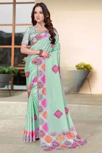 Sea green color silk blend bandhni digital printed saree