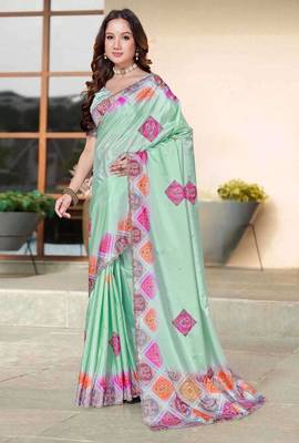 Sea green color silk blend bandhni digital printed saree 3