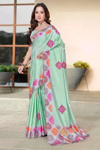 Sea green color silk blend bandhni digital printed saree