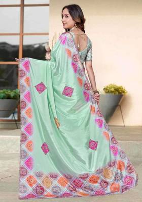Sea green color silk blend bandhni digital printed saree 4