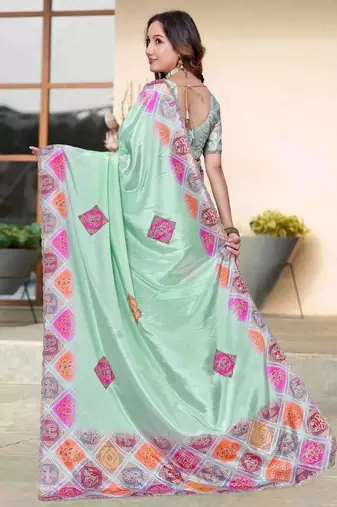 Sea green color silk blend bandhni digital printed saree