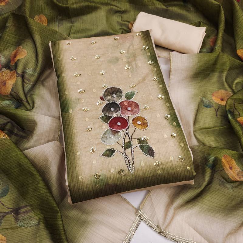 multi unstitched print handwork with digital printed dupatta modal butti dress material