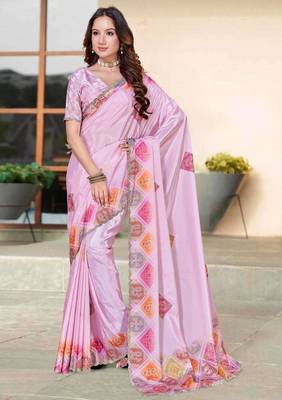 Pink color silk blend bandhni digital printed saree 1
