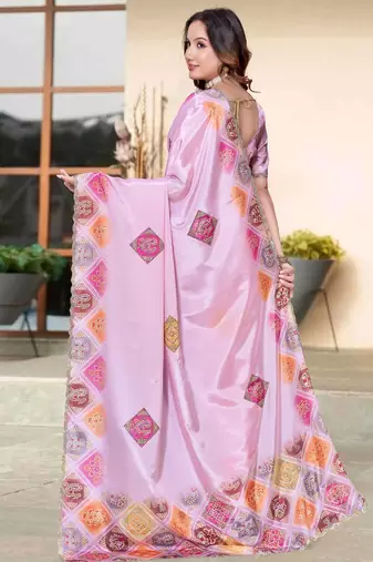 Pink color silk blend bandhni digital printed saree
