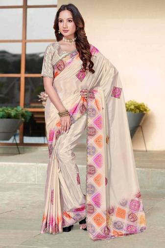 Cream color silk blend bandhni digital printed saree