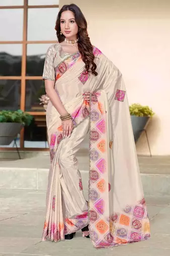 Cream color silk blend bandhni digital printed saree