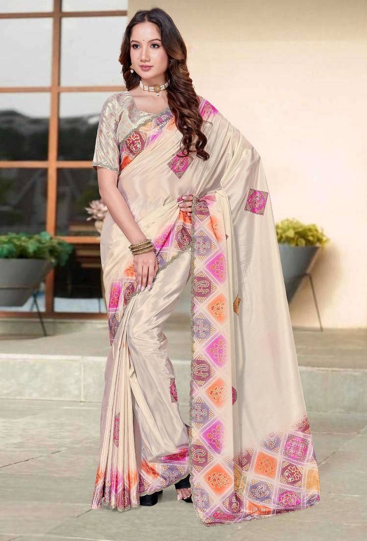 Cream color silk blend bandhni digital printed saree