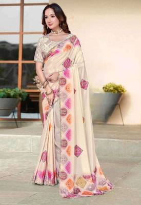Cream color silk blend bandhni digital printed saree 3