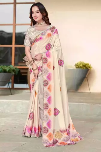Cream color silk blend bandhni digital printed saree