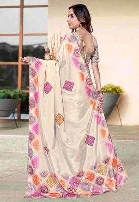 Cream color silk blend bandhni digital printed saree 4