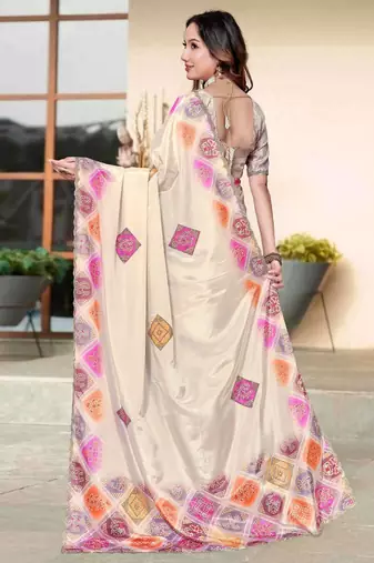 Cream color silk blend bandhni digital printed saree