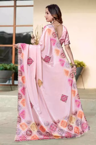 Peach color silk blend bandhni digital printed saree