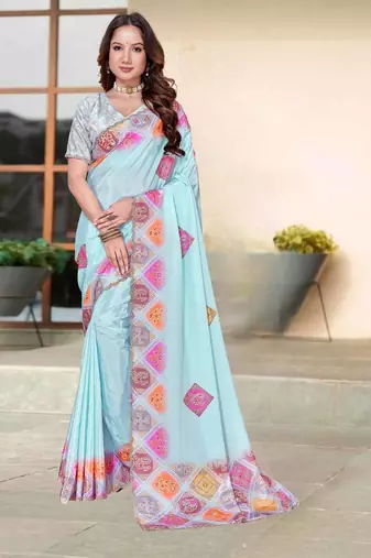 Sky blue color silk blend bandhni digital printed saree