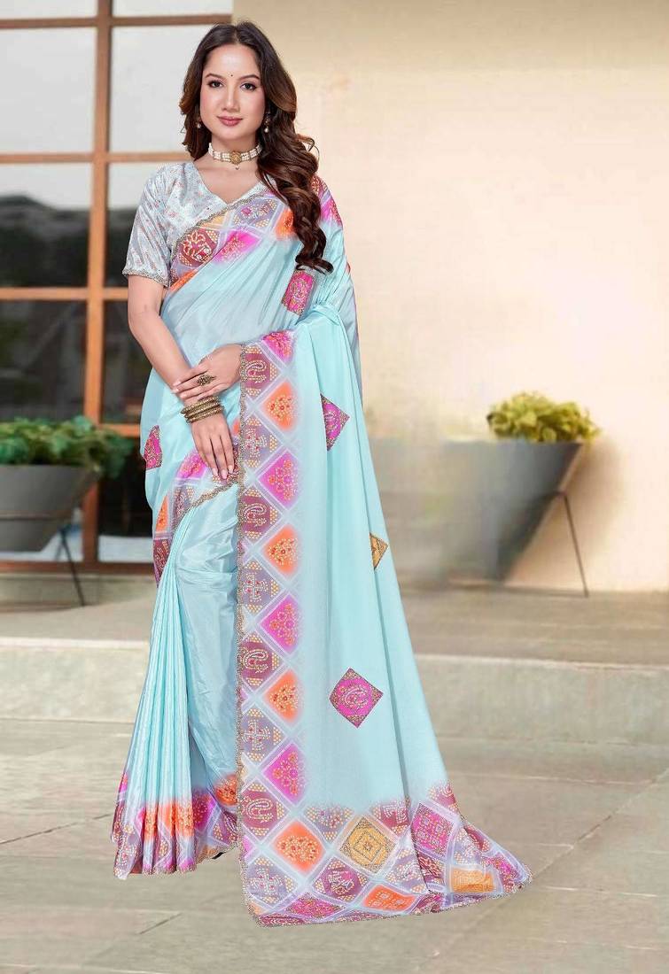 Sky blue color silk blend bandhni digital printed saree