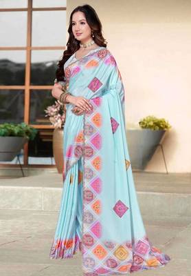 Sky blue color silk blend bandhni digital printed saree 3