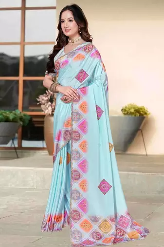 Sky blue color silk blend bandhni digital printed saree