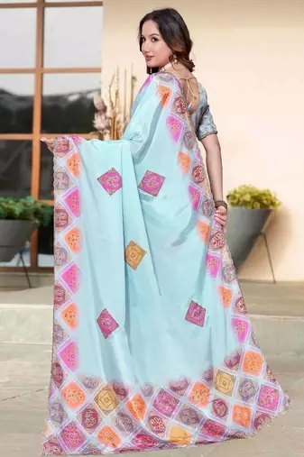 Sky blue color silk blend bandhni digital printed saree