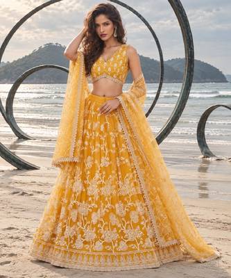 MUSTARD YELLOW NET THREAD WITH ZARI AND SEQUINCE WORK FESTIVE LEHENGA CHOLI SET FOR WOMEN'S 1