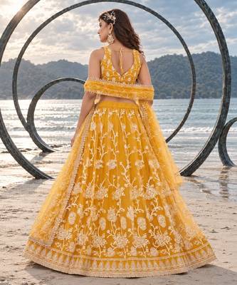 MUSTARD YELLOW NET THREAD WITH ZARI AND SEQUINCE WORK FESTIVE LEHENGA CHOLI SET FOR WOMEN'S 2