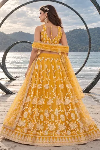 MUSTARD YELLOW NET THREAD WITH ZARI AND SEQUINCE WORK FESTIVE LEHENGA CHOLI SET FOR WOMEN'S