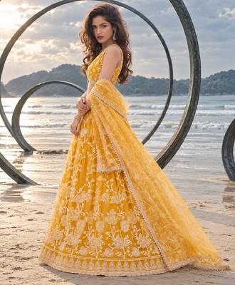 MUSTARD YELLOW NET THREAD WITH ZARI AND SEQUINCE WORK FESTIVE LEHENGA CHOLI SET FOR WOMEN'S 3