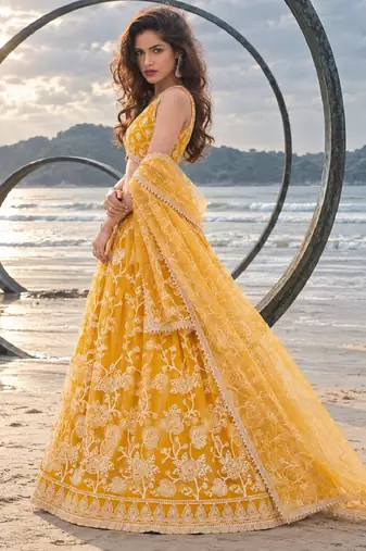 MUSTARD YELLOW NET THREAD WITH ZARI AND SEQUINCE WORK FESTIVE LEHENGA CHOLI SET FOR WOMEN'S