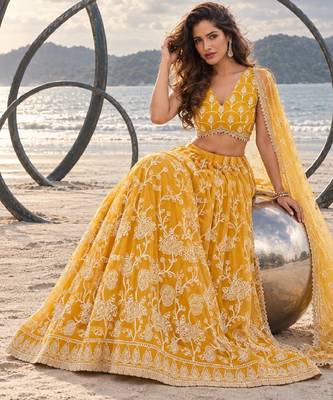 MUSTARD YELLOW NET THREAD WITH ZARI AND SEQUINCE WORK FESTIVE LEHENGA CHOLI SET FOR WOMEN'S 4