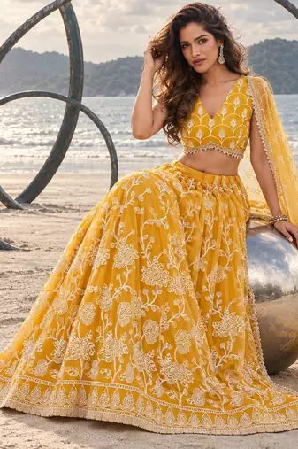 MUSTARD YELLOW NET THREAD WITH ZARI AND SEQUINCE WORK FESTIVE LEHENGA CHOLI SET FOR WOMEN'S