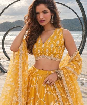 MUSTARD YELLOW NET THREAD WITH ZARI AND SEQUINCE WORK FESTIVE LEHENGA CHOLI SET FOR WOMEN'S 5