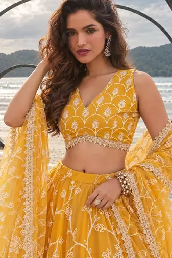 MUSTARD YELLOW NET THREAD WITH ZARI AND SEQUINCE WORK FESTIVE LEHENGA CHOLI SET FOR WOMEN'S