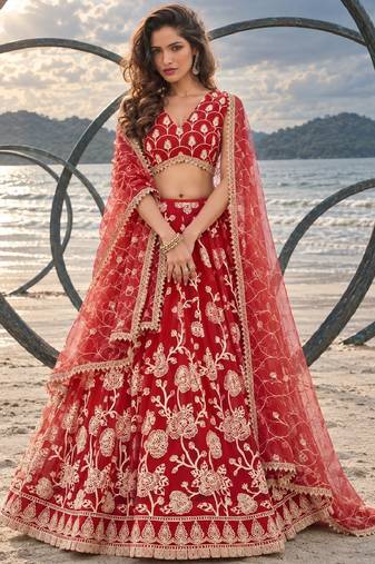 RED NET THREAD WITH ZARI AND SEQUINCE WORK FESTIVE LEHENGA CHOLI SET FOR WOMEN'S