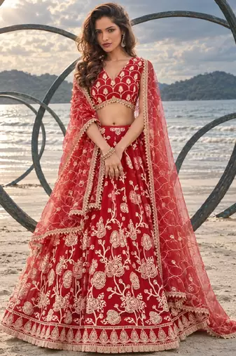RED NET THREAD WITH ZARI AND SEQUINCE WORK FESTIVE LEHENGA CHOLI SET FOR WOMEN'S