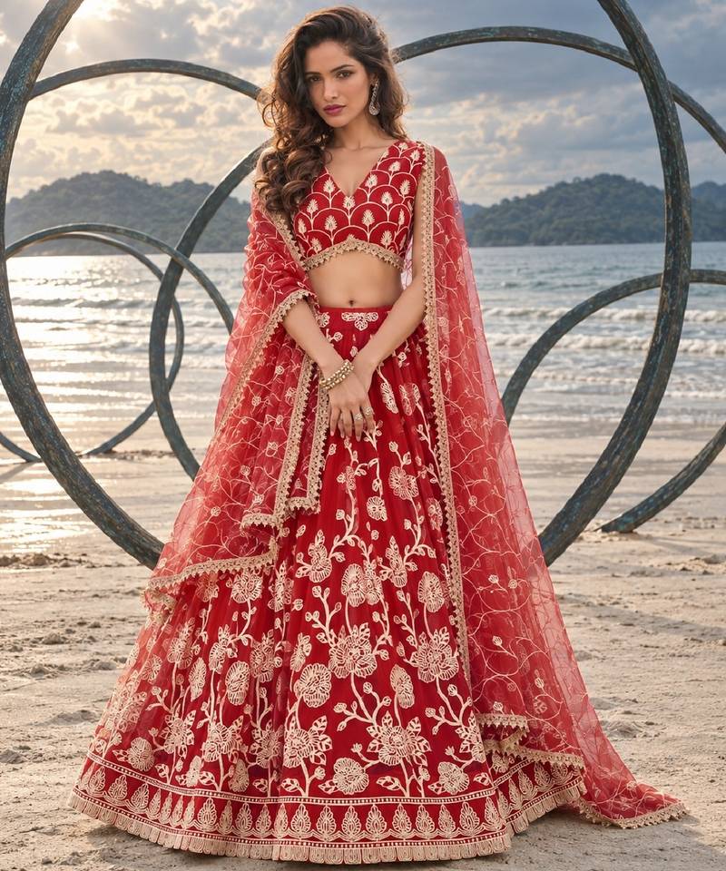 RED NET THREAD WITH ZARI AND SEQUINCE WORK FESTIVE LEHENGA CHOLI SET FOR WOMEN'S