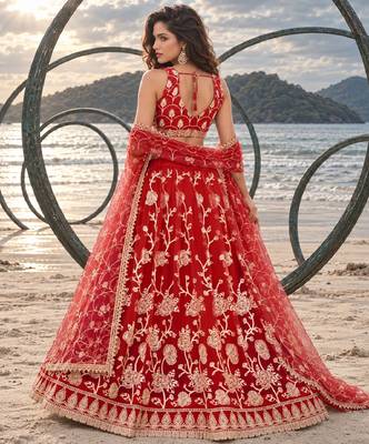 RED NET THREAD WITH ZARI AND SEQUINCE WORK FESTIVE LEHENGA CHOLI SET FOR WOMEN'S 2