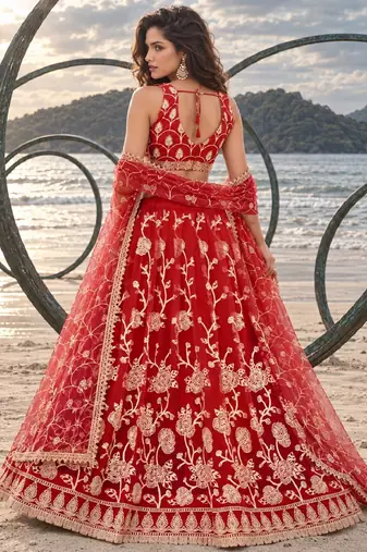 RED NET THREAD WITH ZARI AND SEQUINCE WORK FESTIVE LEHENGA CHOLI SET FOR WOMEN'S