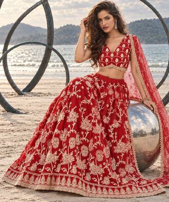 RED NET THREAD WITH ZARI AND SEQUINCE WORK FESTIVE LEHENGA CHOLI SET FOR WOMEN'S 4