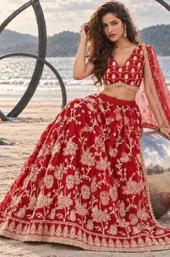 RED NET THREAD WITH ZARI AND SEQUINCE WORK FESTIVE LEHENGA CHOLI SET FOR WOMEN'S