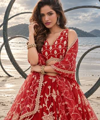 RED NET THREAD WITH ZARI AND SEQUINCE WORK FESTIVE LEHENGA CHOLI SET FOR WOMEN'S 5