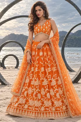 ORANGE NET THREAD WITH ZARI AND SEQUINCE WORK FESTIVE LEHENGA CHOLI SET FOR WOMEN'S
