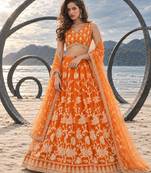 ORANGE NET THREAD WITH ZARI AND SEQUINCE WORK FESTIVE LEHENGA CHOLI SET FOR WOMEN'S