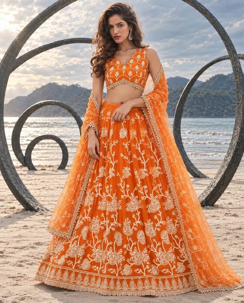 ORANGE NET THREAD WITH ZARI AND SEQUINCE WORK FESTIVE LEHENGA CHOLI SET FOR WOMEN'S