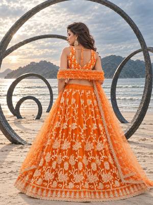 ORANGE NET THREAD WITH ZARI AND SEQUINCE WORK FESTIVE LEHENGA CHOLI SET FOR WOMEN'S 2