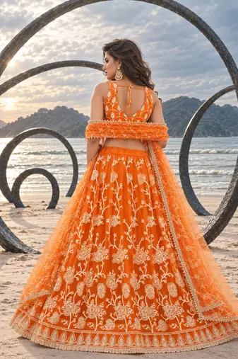 ORANGE NET THREAD WITH ZARI AND SEQUINCE WORK FESTIVE LEHENGA CHOLI SET FOR WOMEN'S