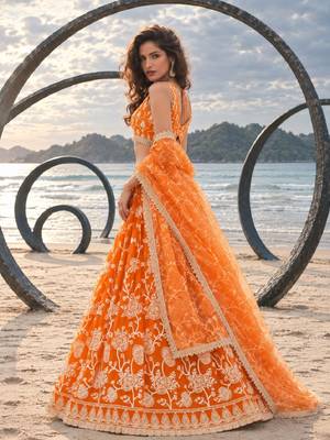 ORANGE NET THREAD WITH ZARI AND SEQUINCE WORK FESTIVE LEHENGA CHOLI SET FOR WOMEN'S 3