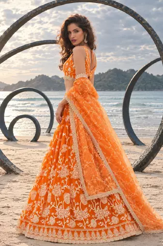 ORANGE NET THREAD WITH ZARI AND SEQUINCE WORK FESTIVE LEHENGA CHOLI SET FOR WOMEN'S